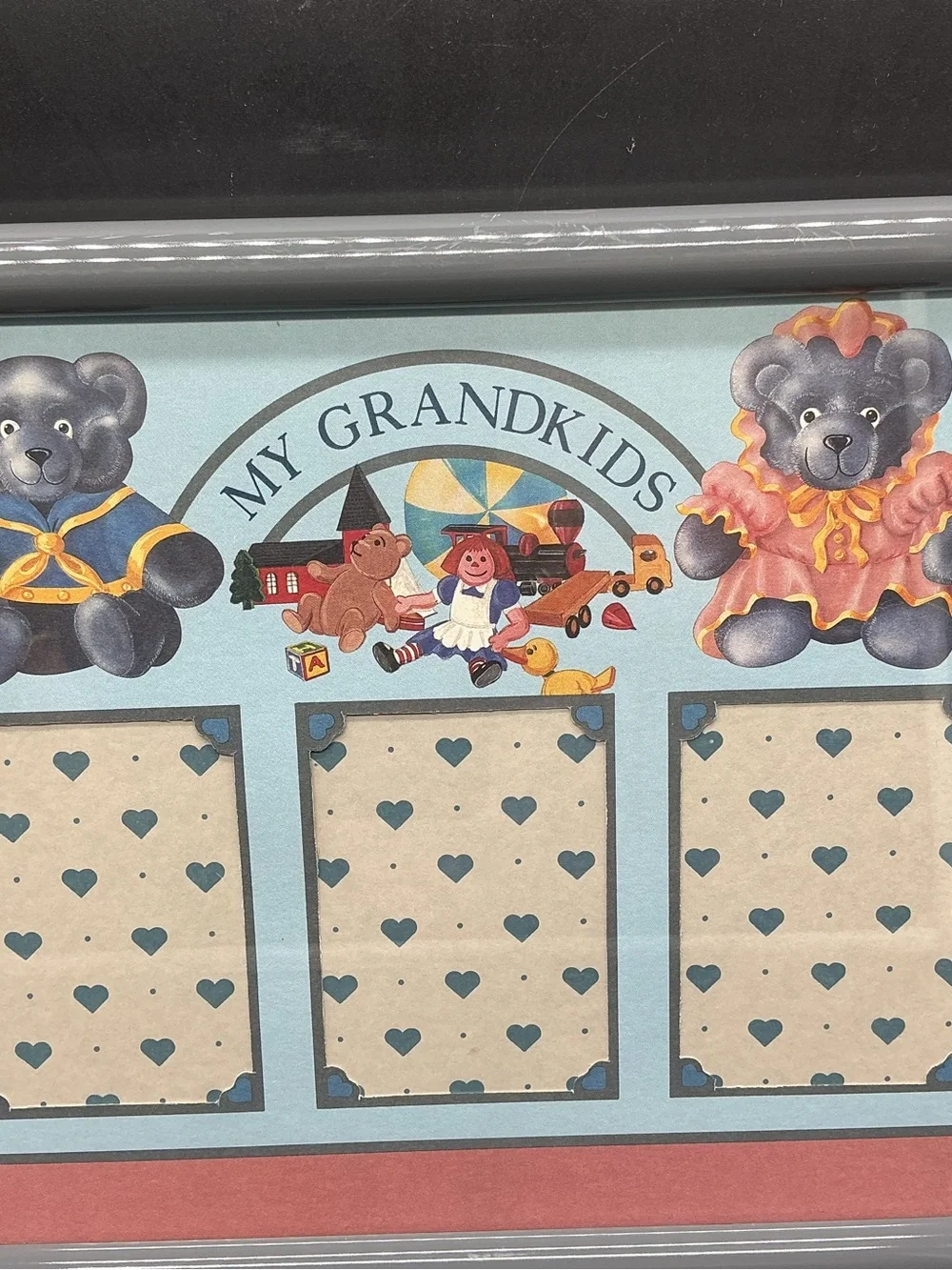 Vintage My Grandkids Photo Collage Frame with Blue and Pink Teddy Accents